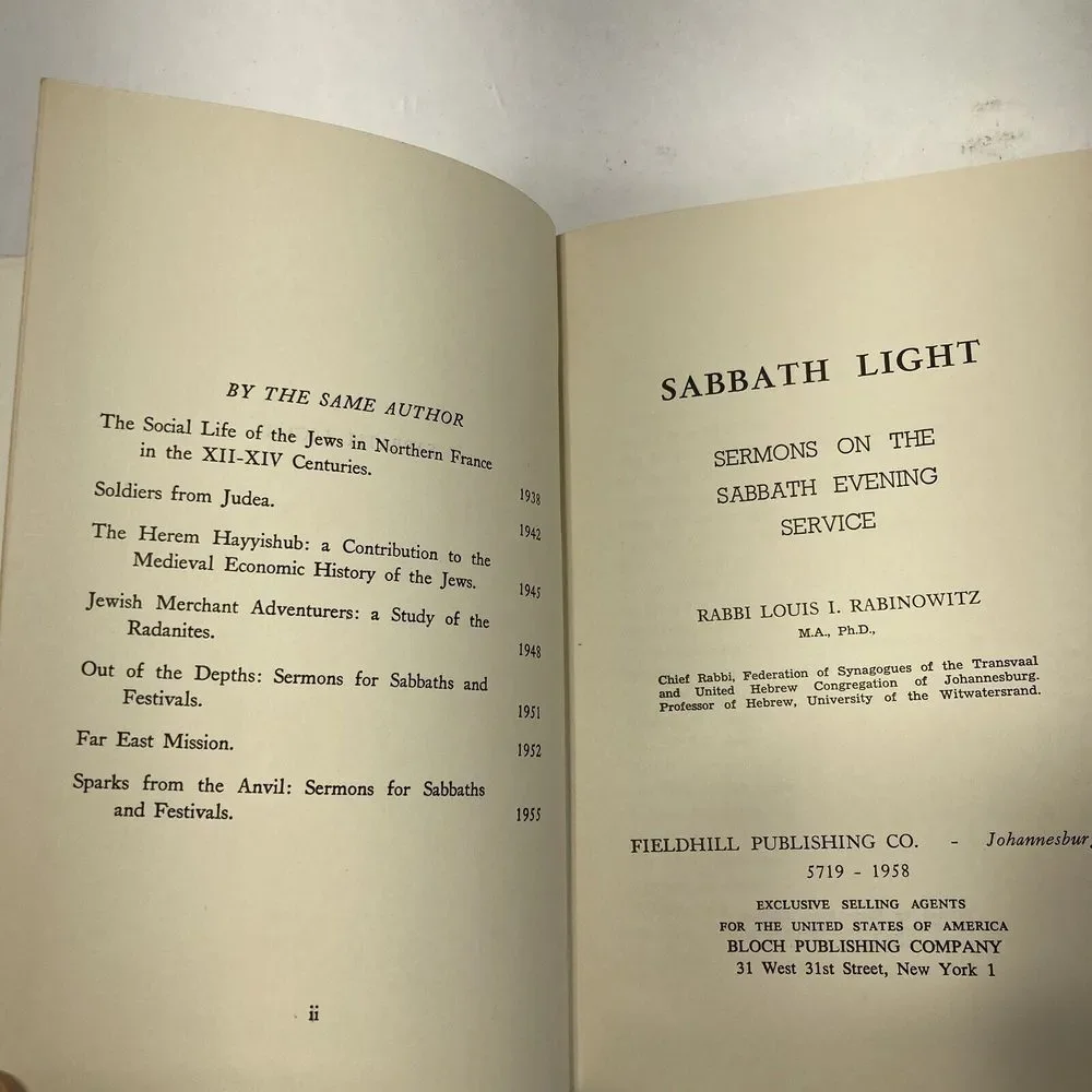Sabbath Light Louis Rabinowitz‎ Sermons on the Sabbath Evening Service 1958 HC
